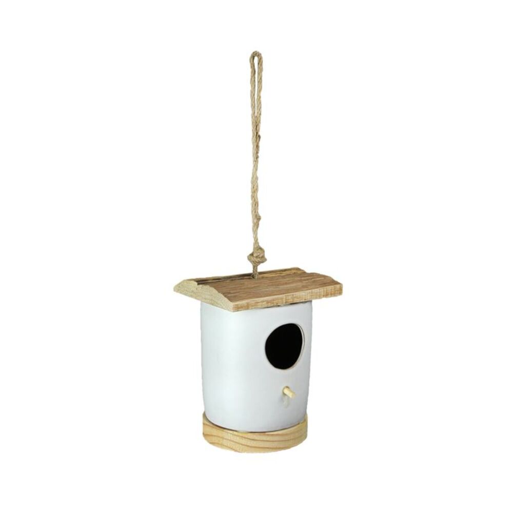 Ceramic & Wood Hanging Birdhouse Bird Nesting House Cylinder